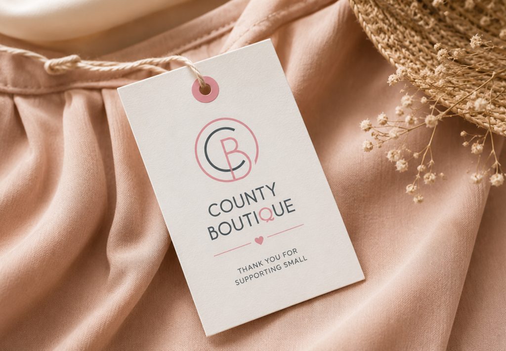 County Boutique gift tag reading "Thank you for supporting small" on folded fabric