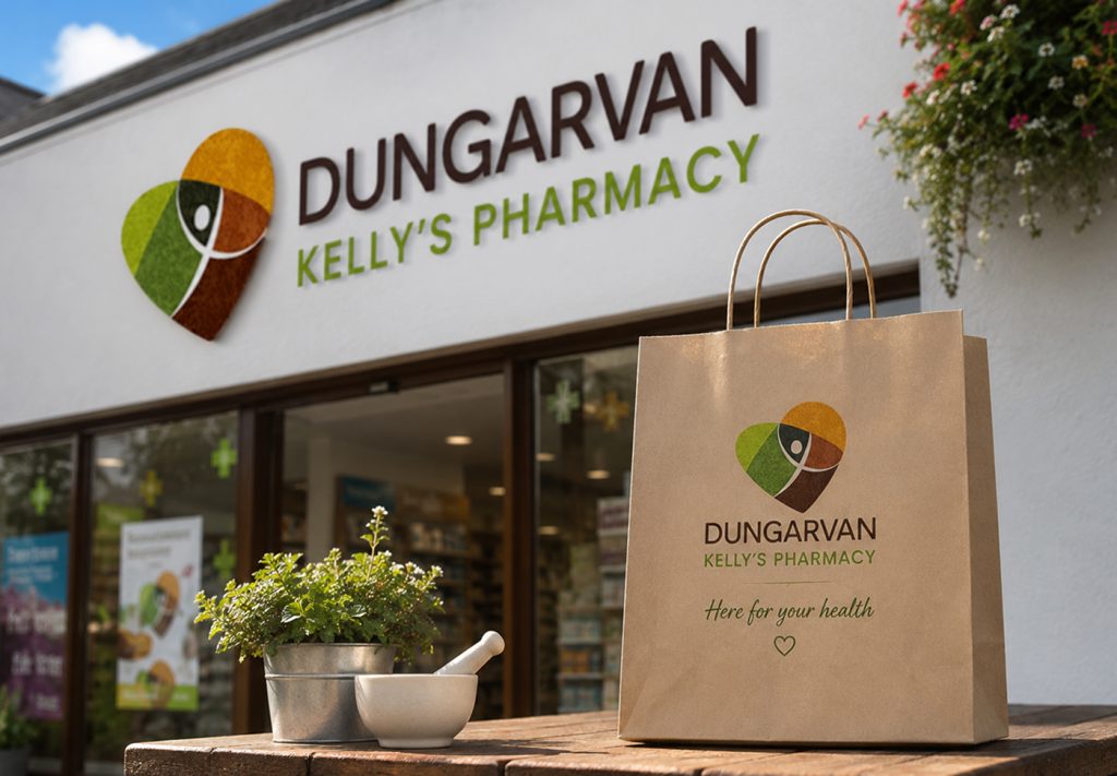 Dungarvan Kelly's Pharmacy storefront signage and branded paper bag with a mortar and pestle
