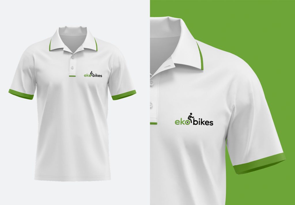 eko bikes logo embroidered on green-trimmed white polo shirt mockups