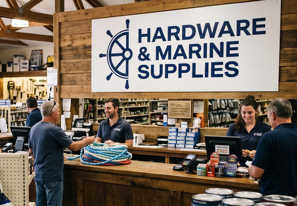 Hardware & Marine Supplies store interior with staff serving a customer at the counter