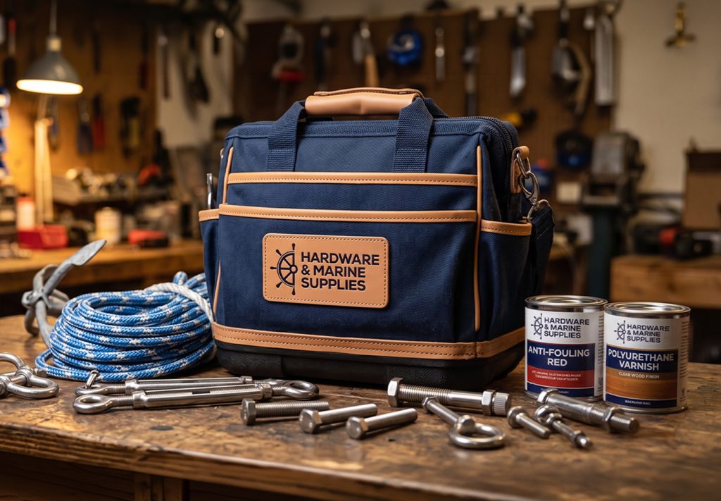 Hardware & Marine Supplies tool bag and branded paint cans on a workshop bench