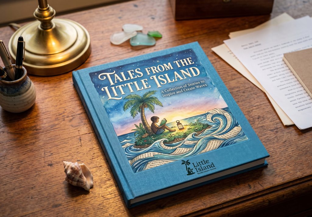 Little Island "Tales from the Little Island" book on a vintage writing desk with sea glass