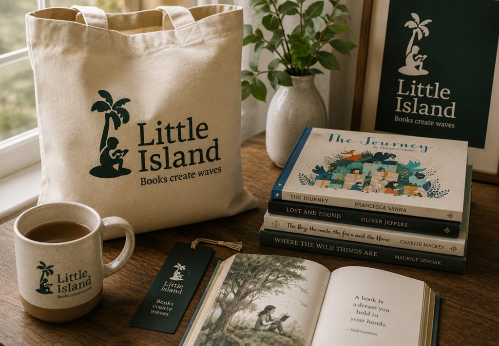 Little Island tote bag, mug and children's books displayed near a sunlit window