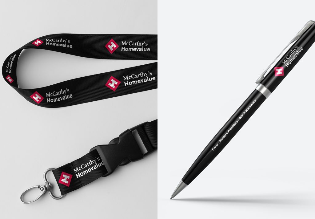 McCarthy's Homevalue branded lanyard and pen mockup