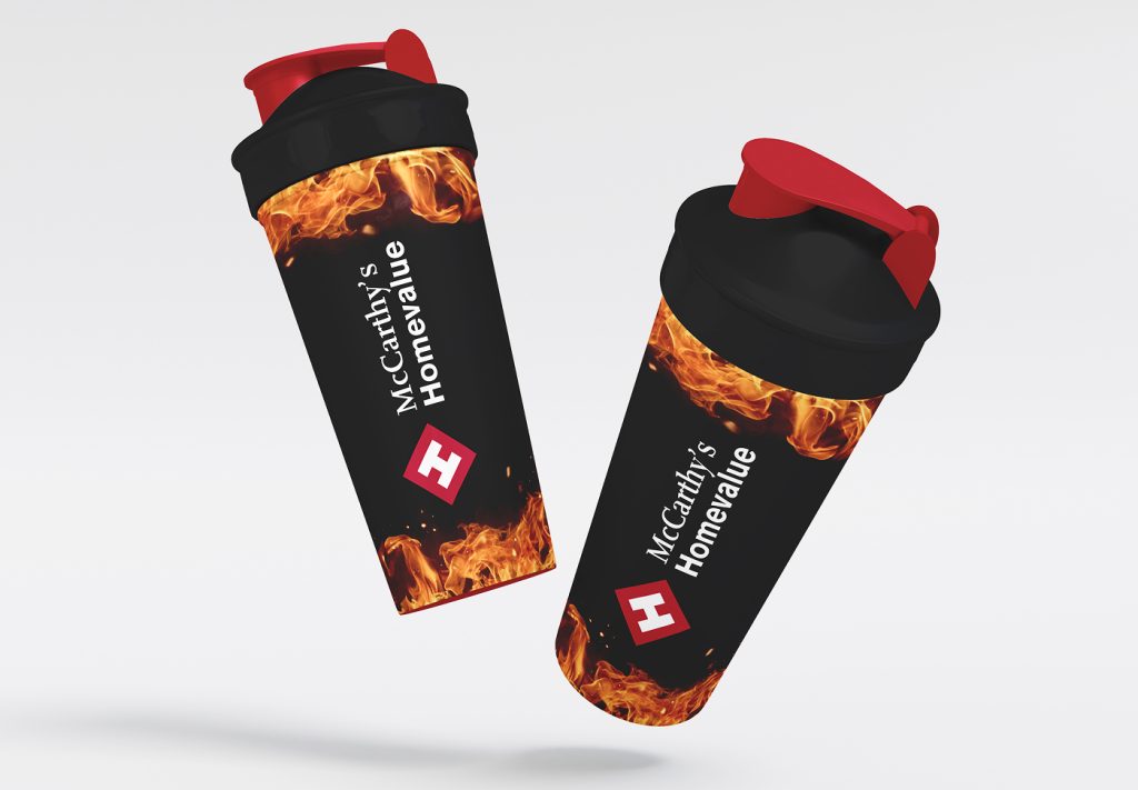 McCarthy's Homevalue branded shaker bottles with a flame graphic design