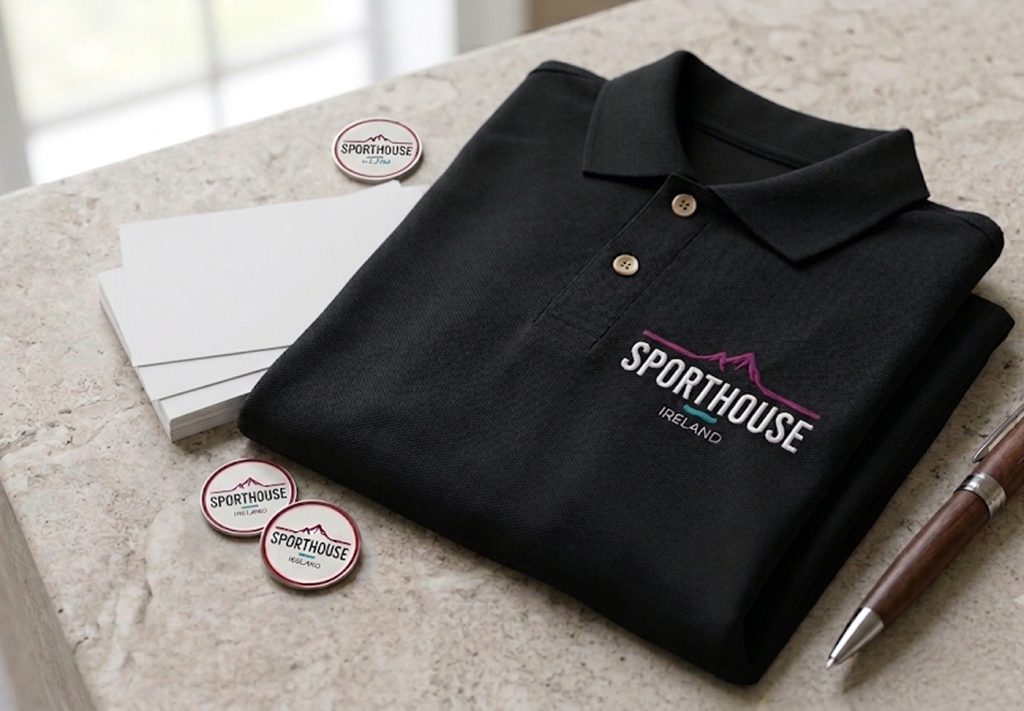 Sporthouse Ireland logo embroidered on a folded black polo shirt