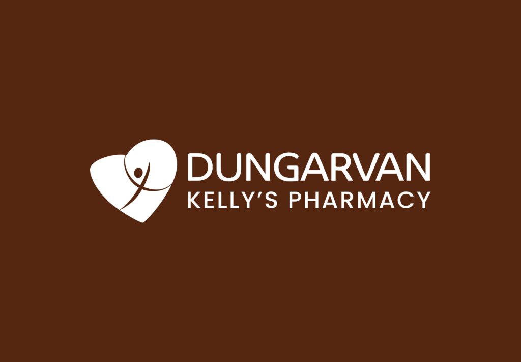 Dungarvan Pharmacy logo, white on brown