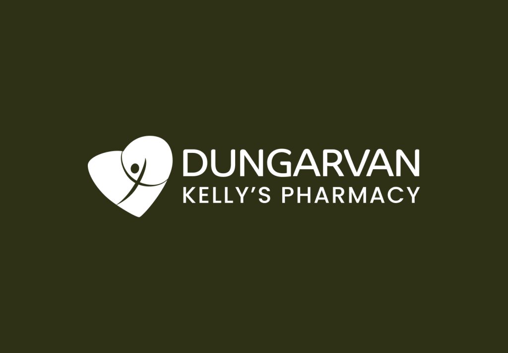Dungarvan Pharmacy logo, white on dark olive
