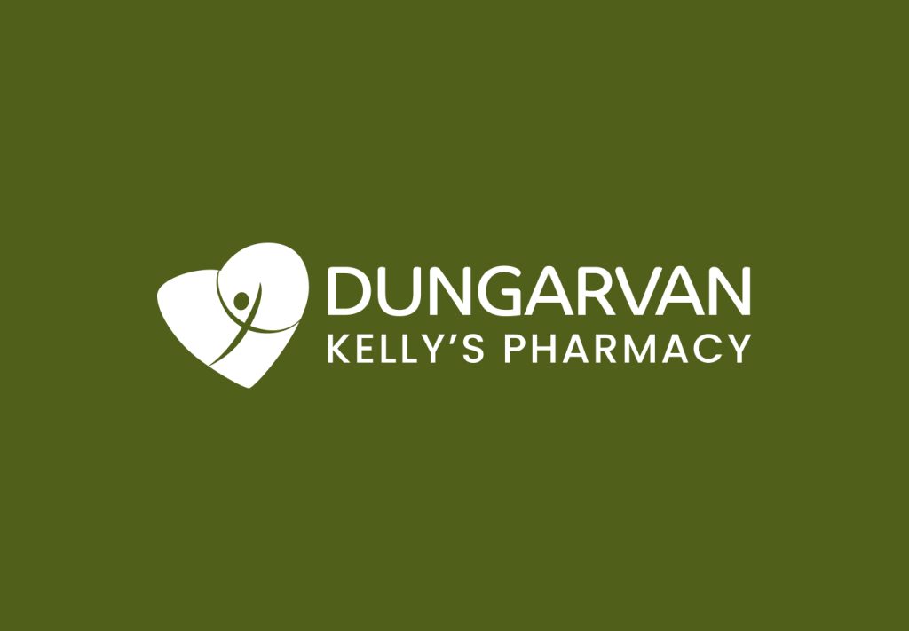 Dungarvan Pharmacy logo, white on olive green