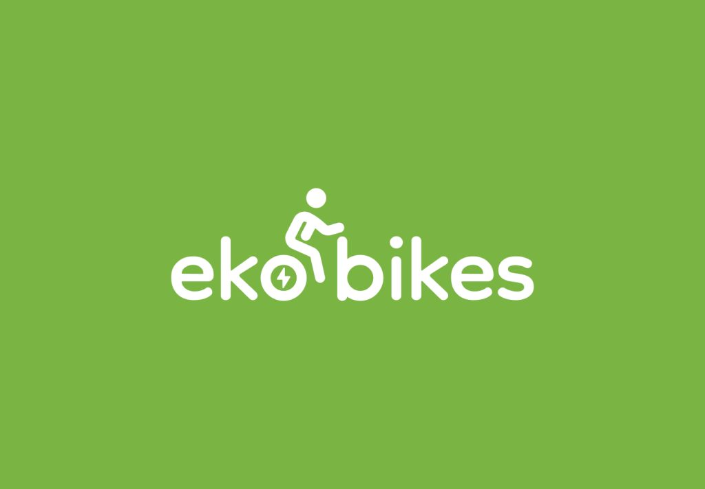 Ekobikes logo, white on bright green