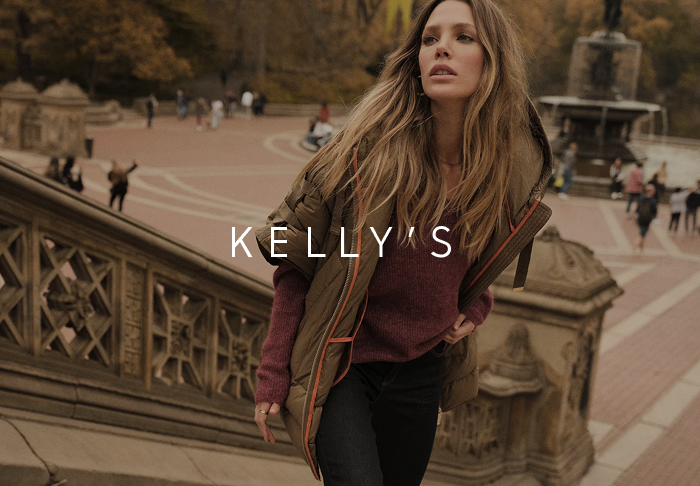 Kelly's wordmark over street style photo