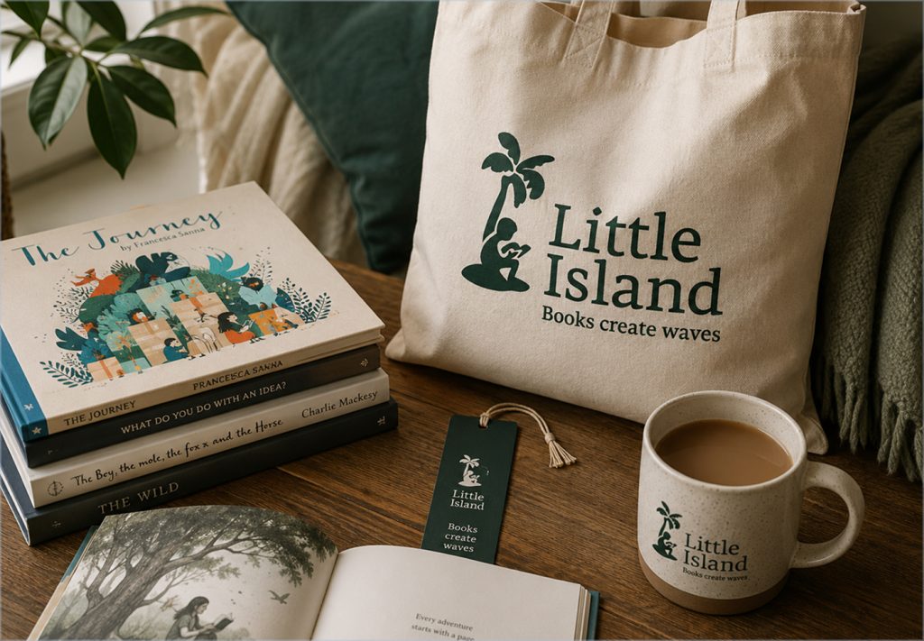 Little Island logo on tote bag, bookmark and mug