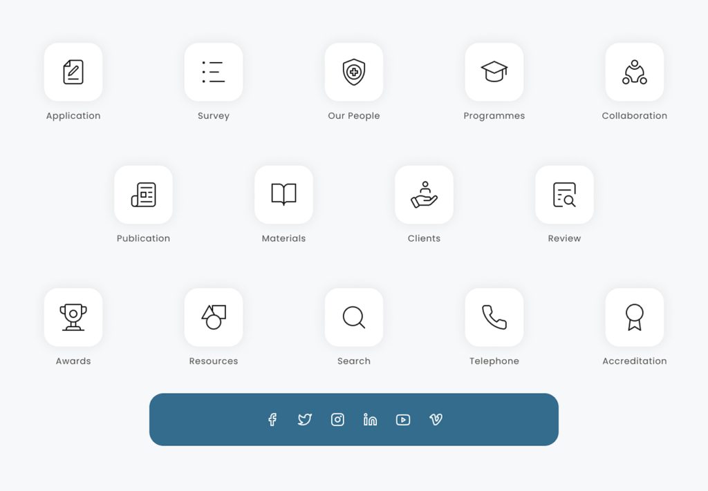 Custom icon set designed for ISQua's website sections and social channels