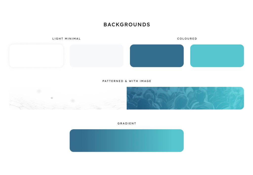 ISQua brand guidelines page showing background styles: minimal, colour, patterned and gradient