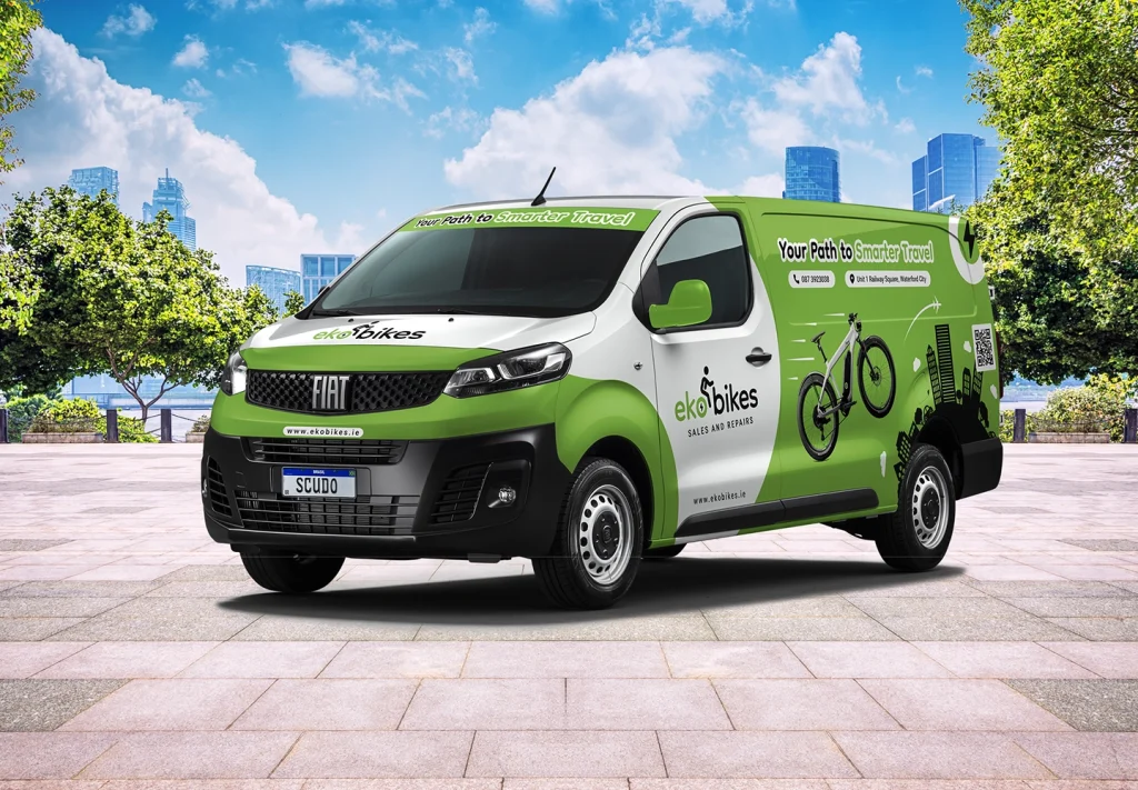 eko bikes e-bike and e-scooter product photography against a city skyline