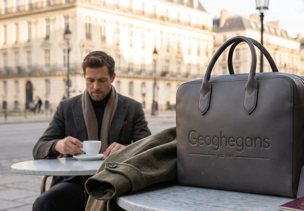 Geoghegans logo embossed on a leather bag, held by a man at a café