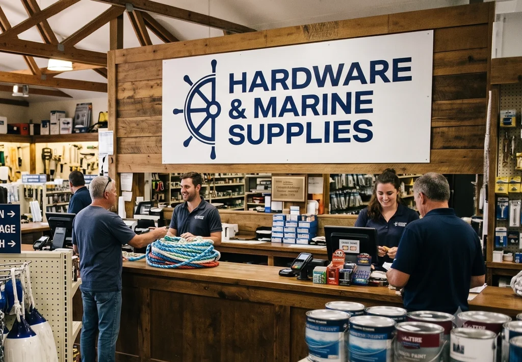 Kehoe Marine store interior with staff serving customers at the counter